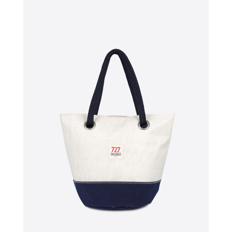 Damen Handtasche "Sandy" by 727 Sailbags / Segeltuch weiß / Boden navy / Motiv 6 blau