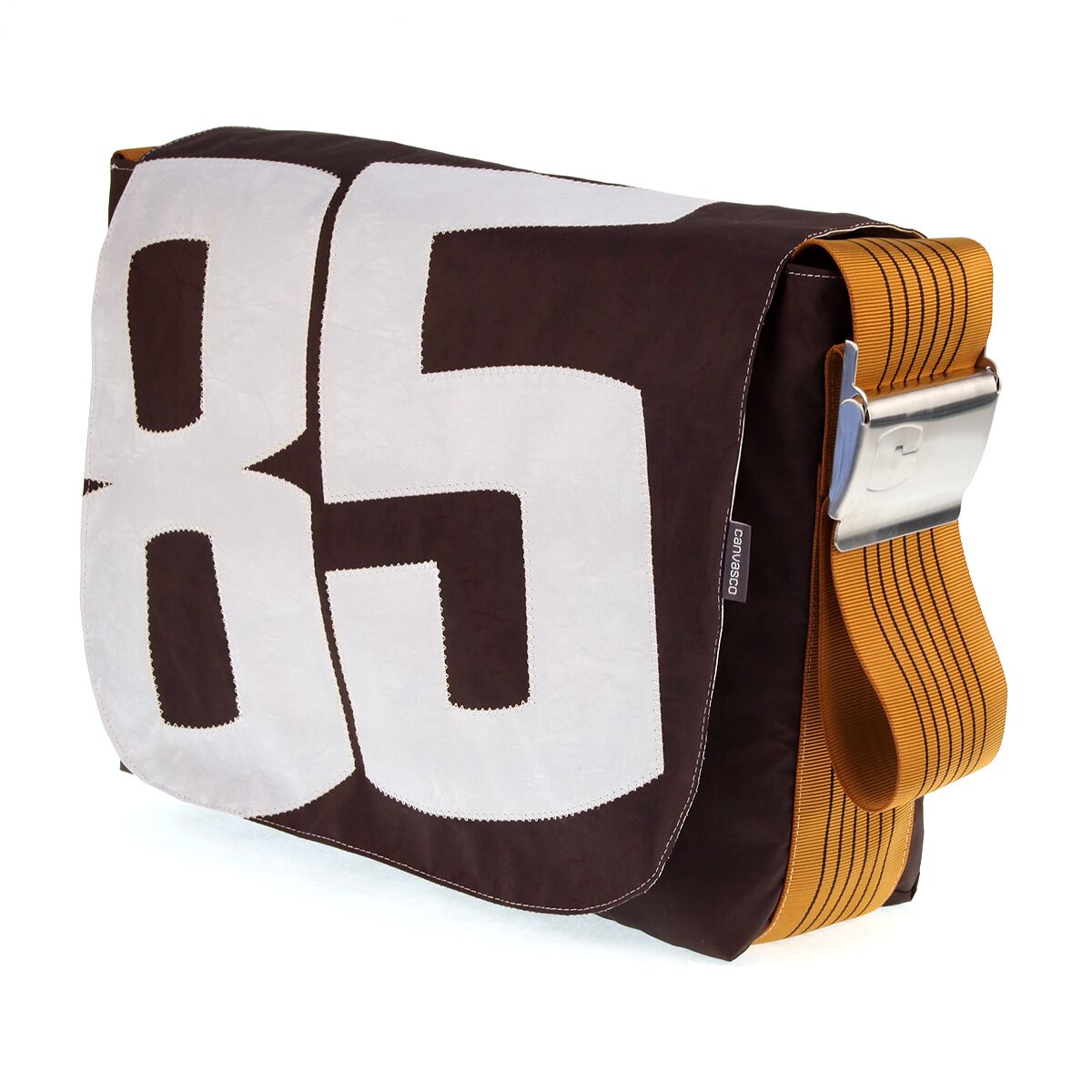 Umhängetasche CANVASCO "Urban" / Segeltuch schoko / Gurt cognac-schwarz / Motiv 85 weiß