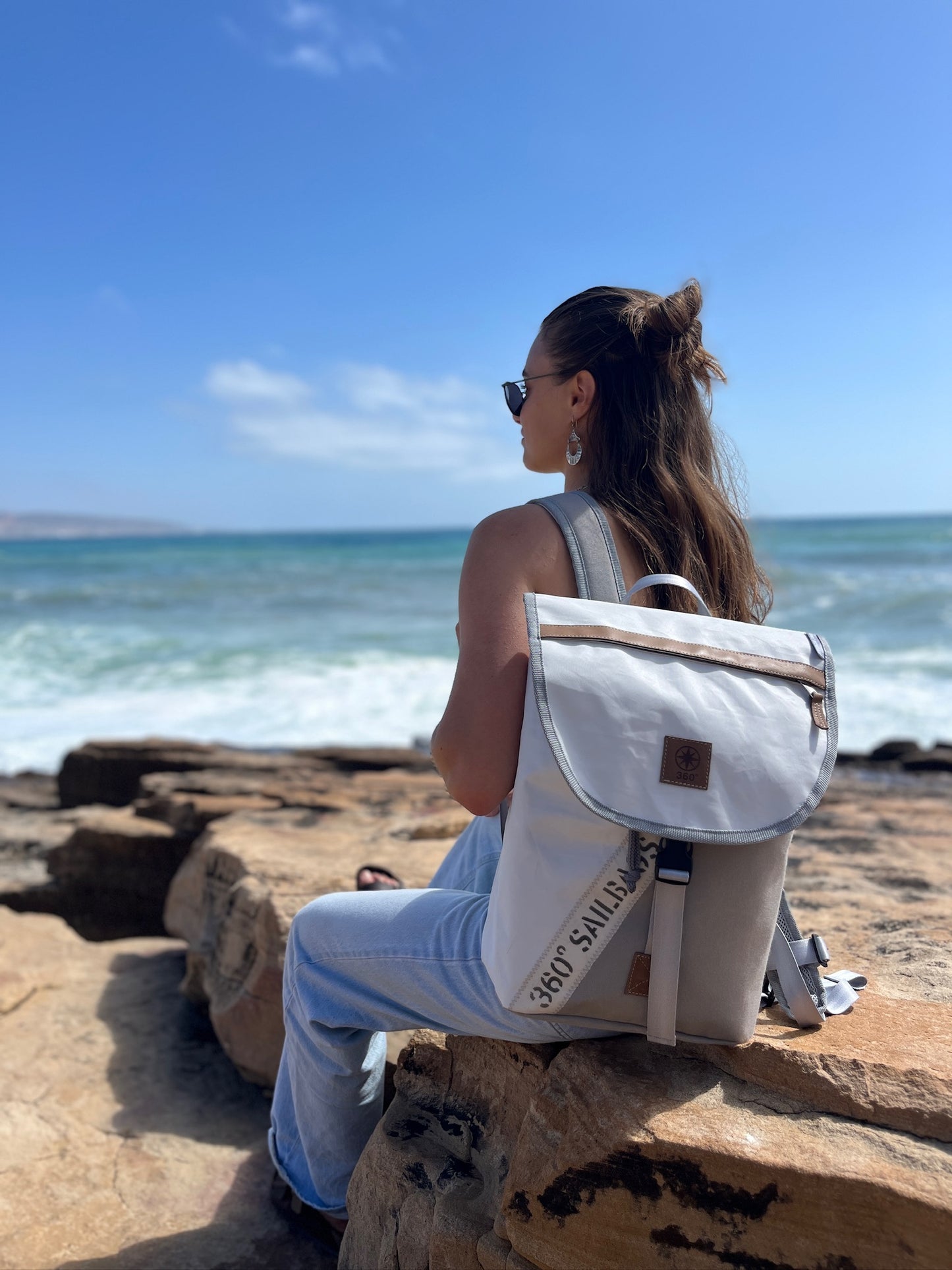 Rucksack 360 Grad "Landgang Mini" / Segeltuch weiß / Motiv Stencil