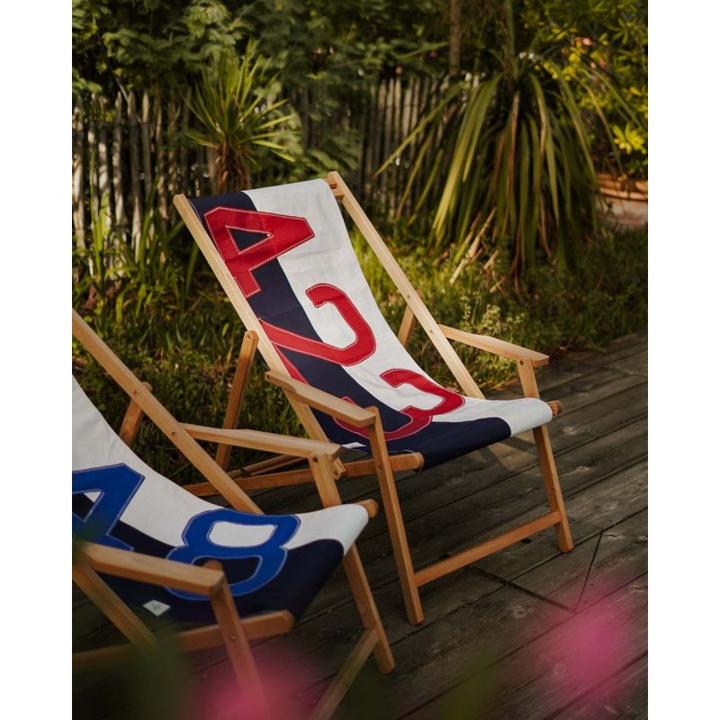 Liegestuhl Sonnenliege "Relax" by 727 Sailbags / Segeltuch weiß navy / Motiv 423 rot
