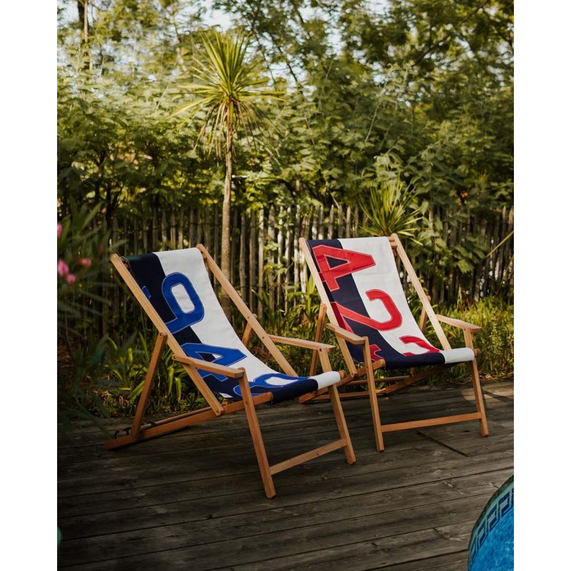 Liegestuhl Sonnenliege "Relax" by 727 Sailbags / Segeltuch weiß navy / Motiv 423 rot
