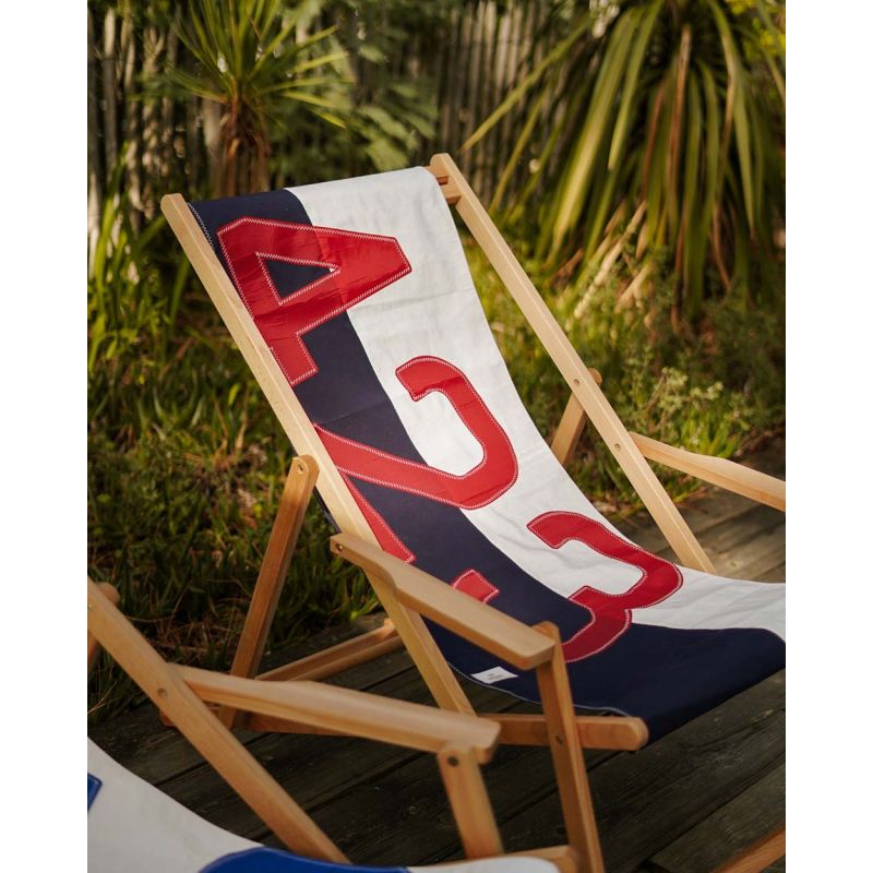 Liegestuhl Sonnenliege "Relax" by 727 Sailbags / Segeltuch weiß navy / Motiv 423 rot