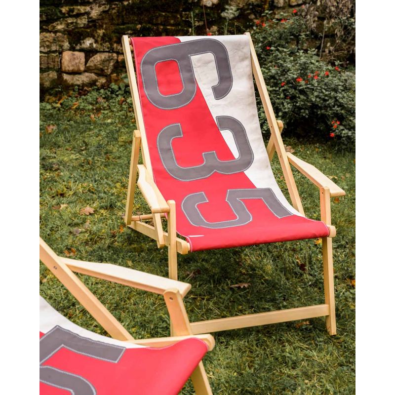 Liegestuhl Sonnenliege "Relax" by 727 Sailbags / Segeltuch weiß rot / Motiv 635 schwarz
