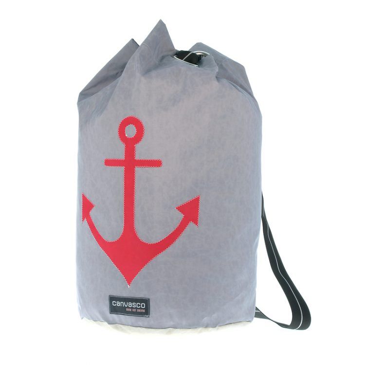 Seesack CANVASCO "Seasick" / Segeltuch grau / Gurt schwarz-weiß / Motiv Anker rot