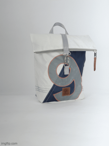 Rolltop Rucksack S 360 Grad "Möwe" / Segeltuch weiß blau / Motiv Zufallszahl grau