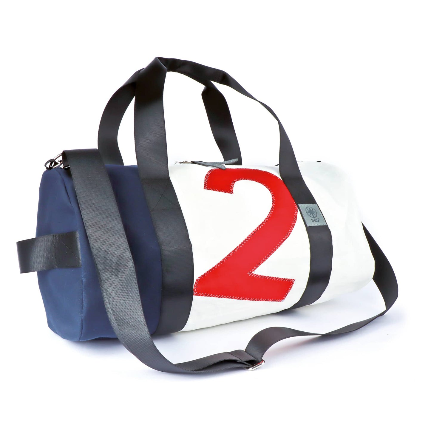 Reisetasche 360 Grad "Pirat" / Segeltuch blau weiß / Motiv Zufallszahl rot