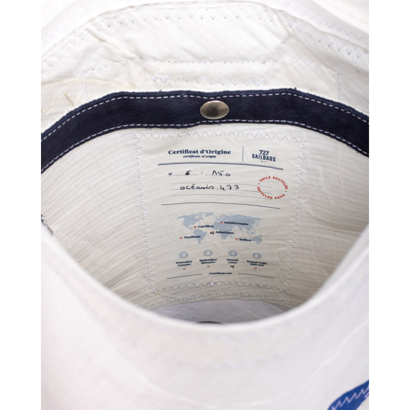 Rucksack "Odyssey" by 727 Sailbags / Segeltuch weiß navy / Motiv 4 blau
