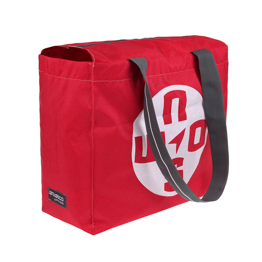 Strandtasche CANVASCO "Beach Pro" / Segeltuch rot / Gurt schwarz-weiß / Motiv Kompass weiß