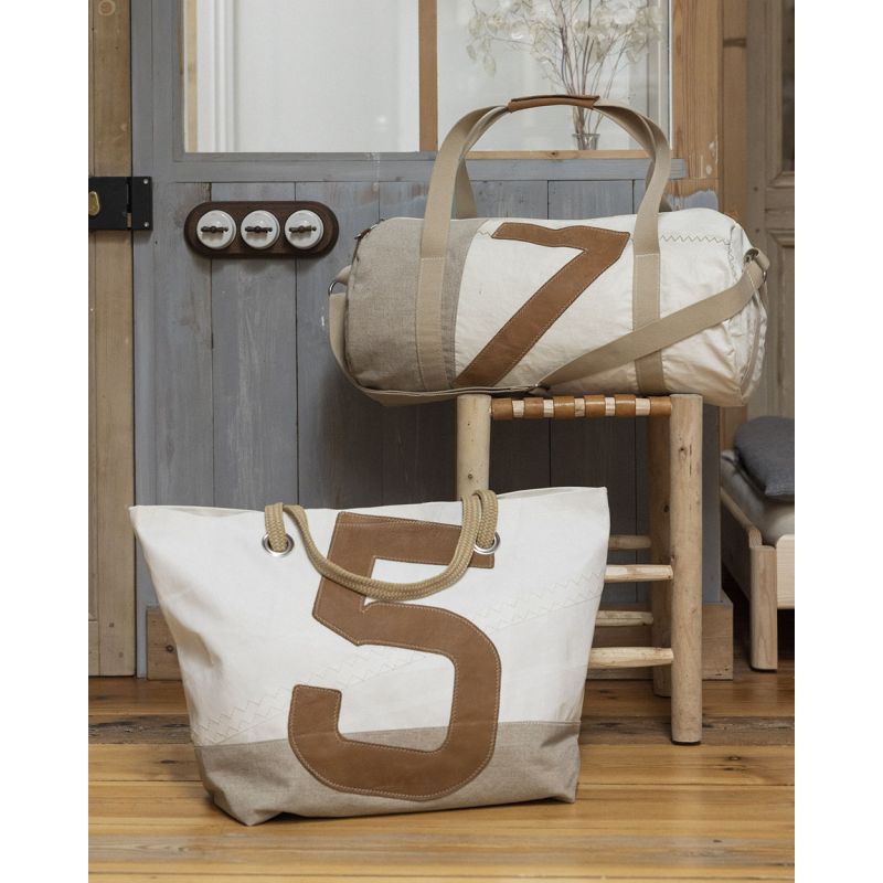 Damen Reisetasche "Carla" by 727 Sailbags / Segeltuch weiß / Boden Leder / Motiv 5 Leder