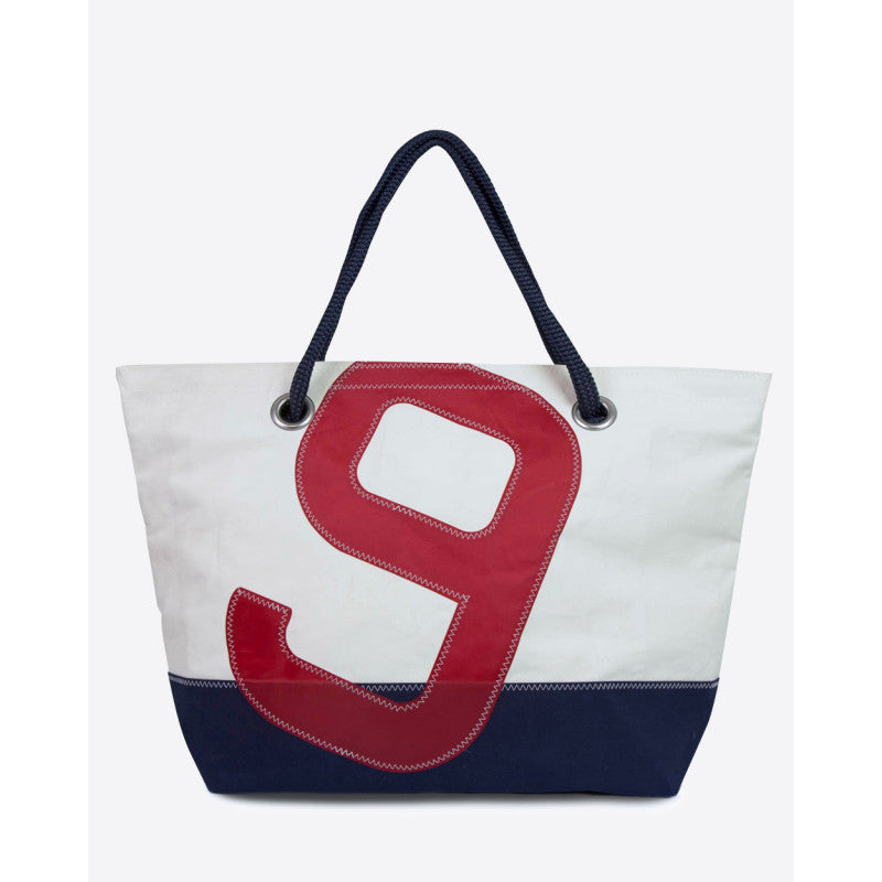 Damen Reisetasche "Carla" by 727 Sailbags / Segeltuch weiß / Boden navy / Motiv 9 rot