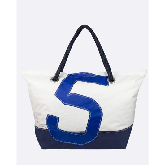 Damen Reisetasche "Carla" by 727 Sailbags / Segeltuch weiß / Boden navy / Motiv 5 blau