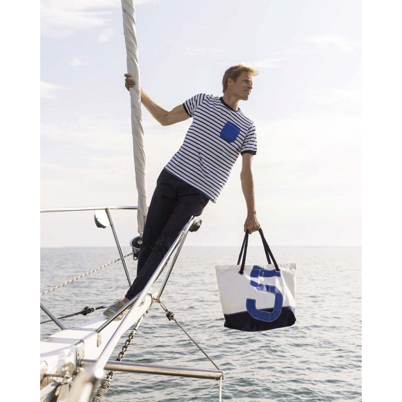 Damen Reisetasche "Carla" by 727 Sailbags / Segeltuch weiß / Boden navy / Motiv 5 blau