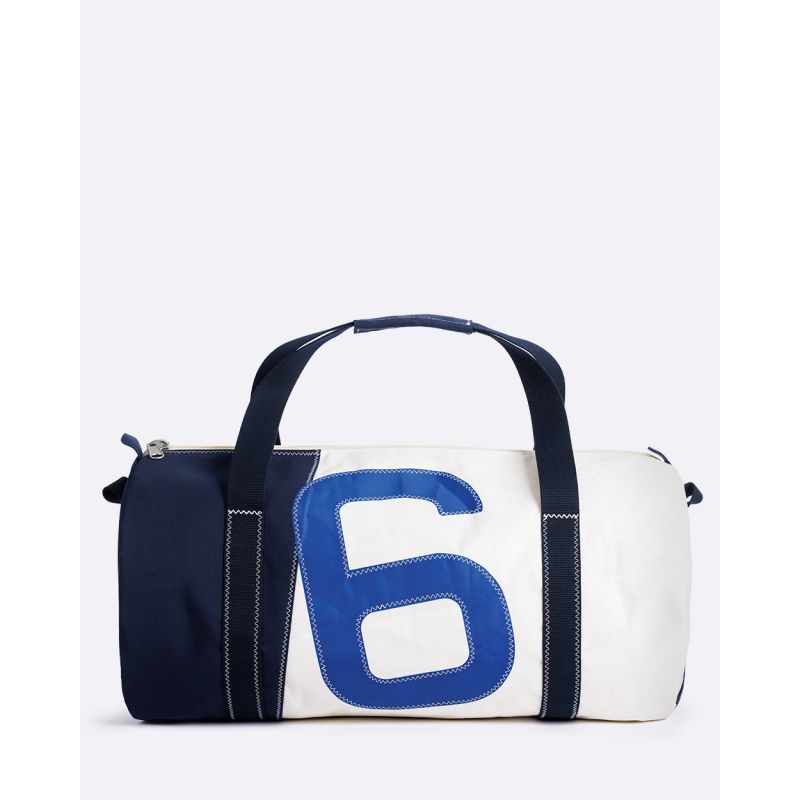 Reisetasche "Onshore" by 727 Sailbags / Segeltuch weiß grau / Motiv 6 blau