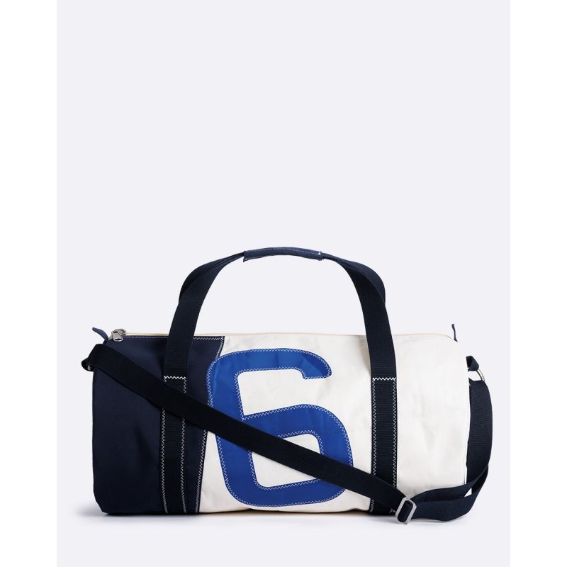 Reisetasche "Onshore" by 727 Sailbags / Segeltuch weiß grau / Motiv 6 blau