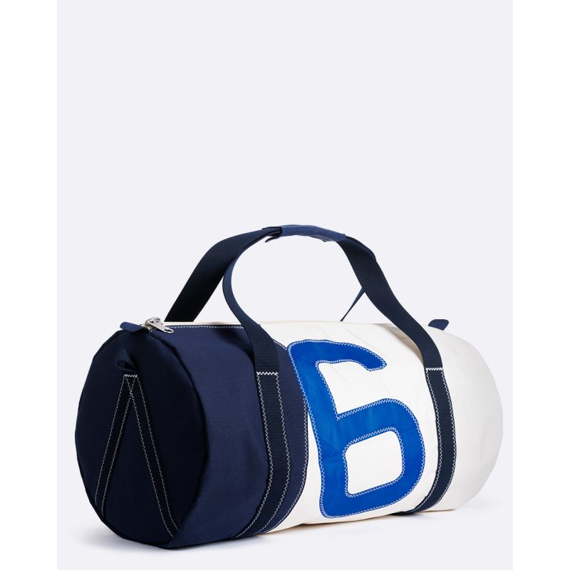 Reisetasche "Onshore" by 727 Sailbags / Segeltuch weiß grau / Motiv 6 blau