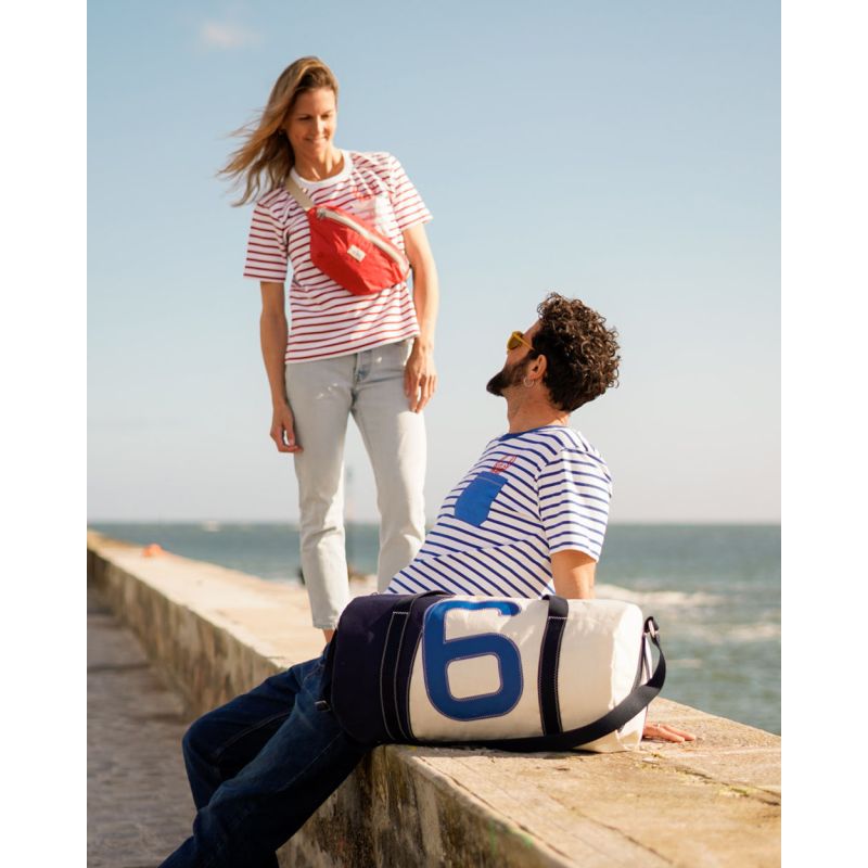 Reisetasche "Onshore" by 727 Sailbags / Segeltuch weiß grau / Motiv 6 blau