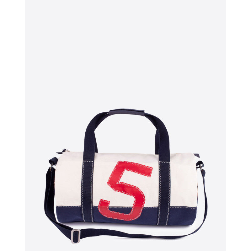 Reisetasche "Polochon" by 727 Sailbags / Segeltuch weiß / Boden navy / Motiv 5 rot