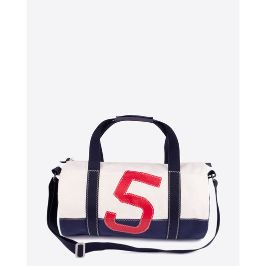 Reisetasche "Polochon" by 727 Sailbags / Segeltuch weiß / Boden navy / Motiv 5 rot