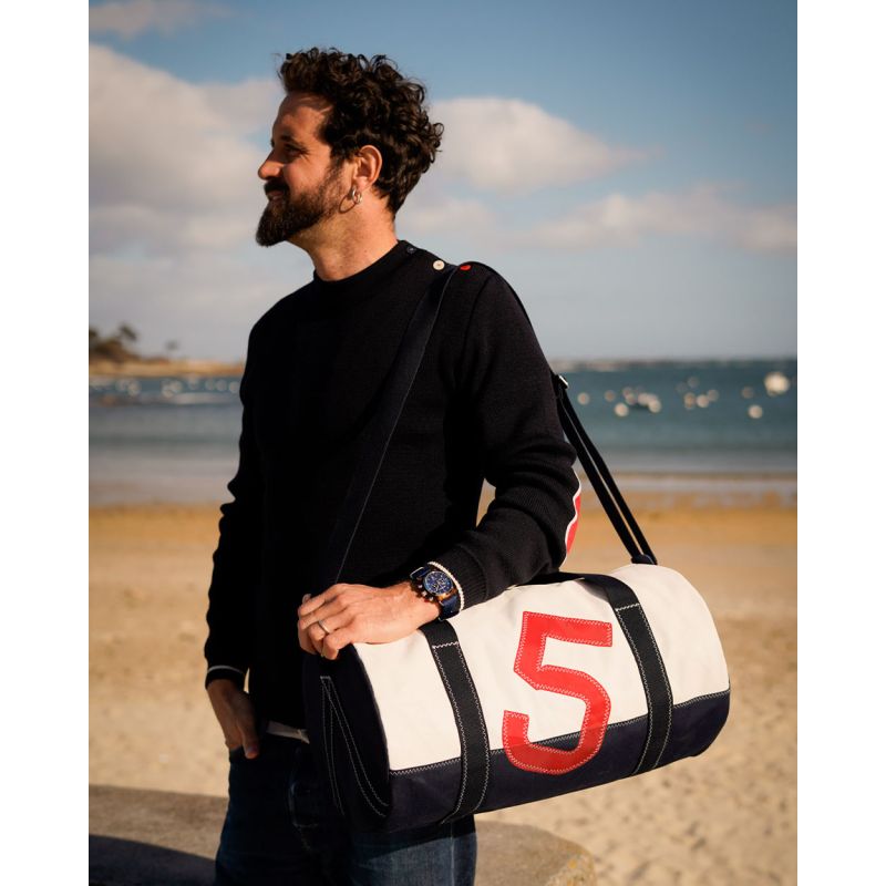 Reisetasche "Polochon" by 727 Sailbags / Segeltuch weiß / Boden navy / Motiv 5 rot