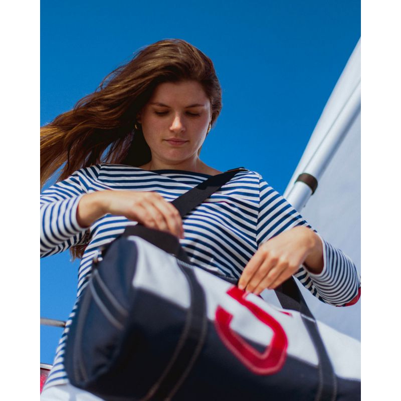 Reisetasche "Polochon" by 727 Sailbags / Segeltuch weiß / Boden navy / Motiv 5 rot