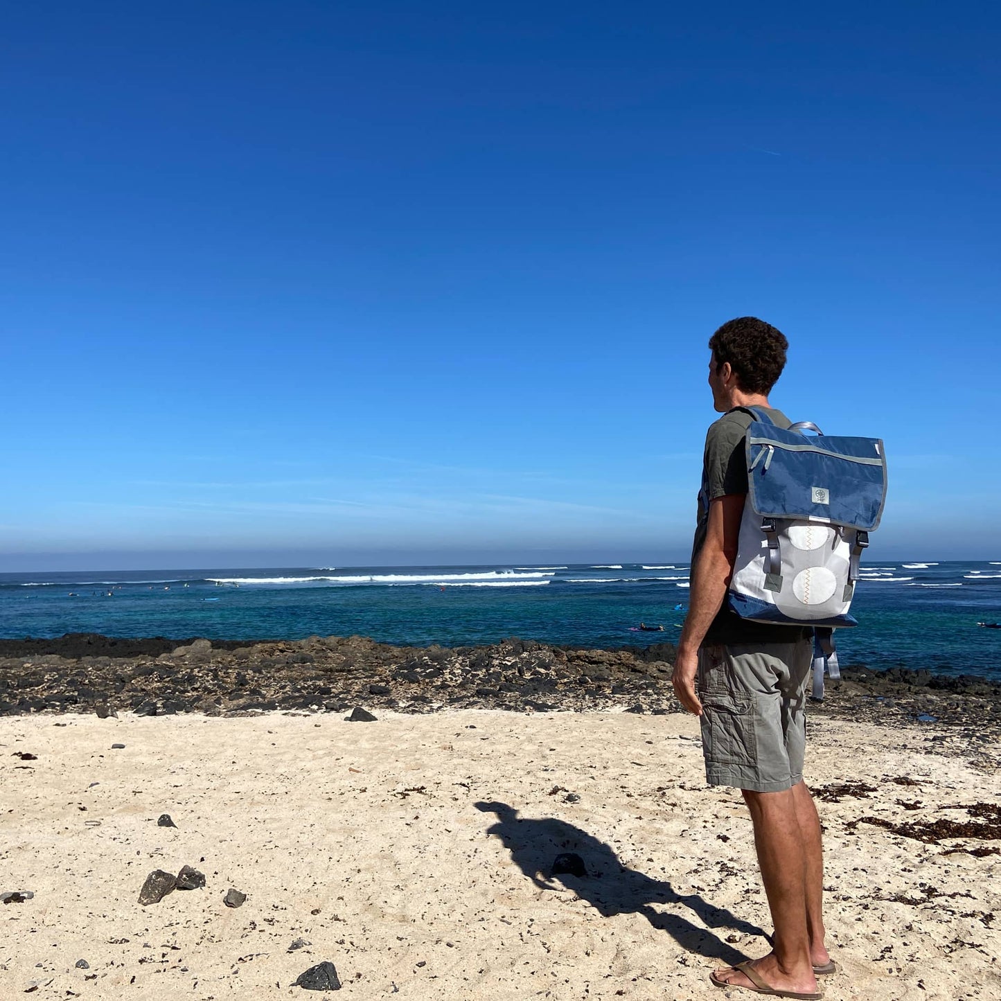 Rucksack 360 Grad "Landgang" / Segeltuch blau / Motiv Zufallszahl hellgrau