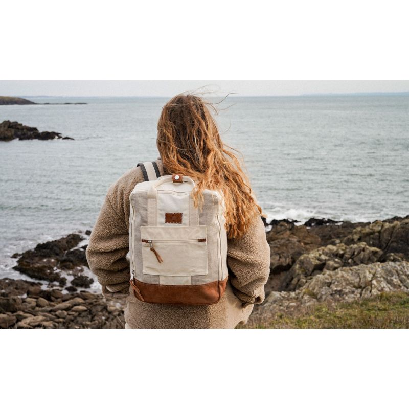 Rucksack "Willy" by 727 Sailbags / Segeltuch weiß Leinen / Boden Leder