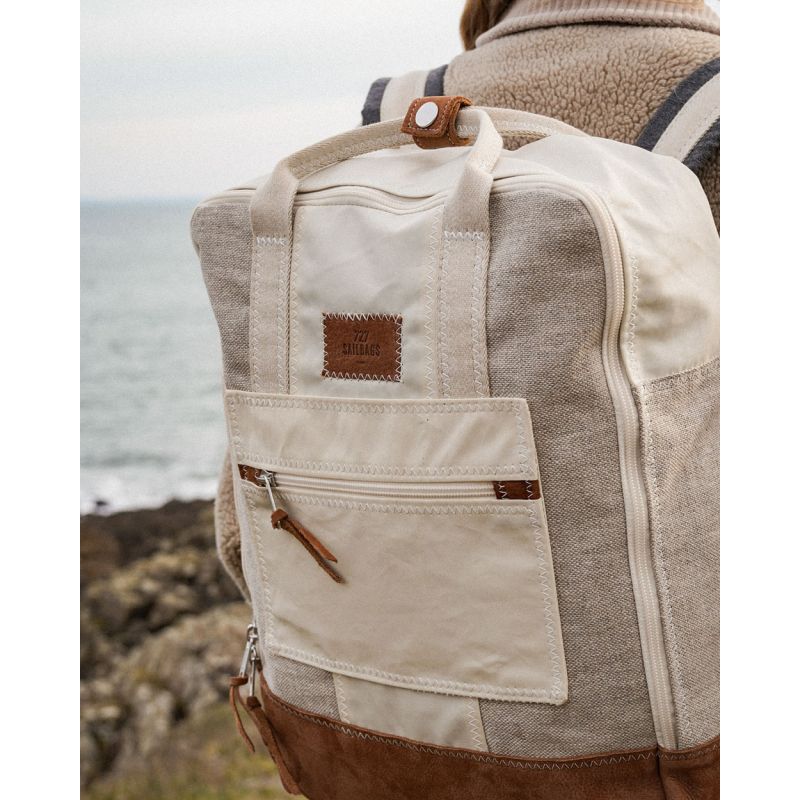 Rucksack "Willy" by 727 Sailbags / Segeltuch weiß Leinen / Boden Leder
