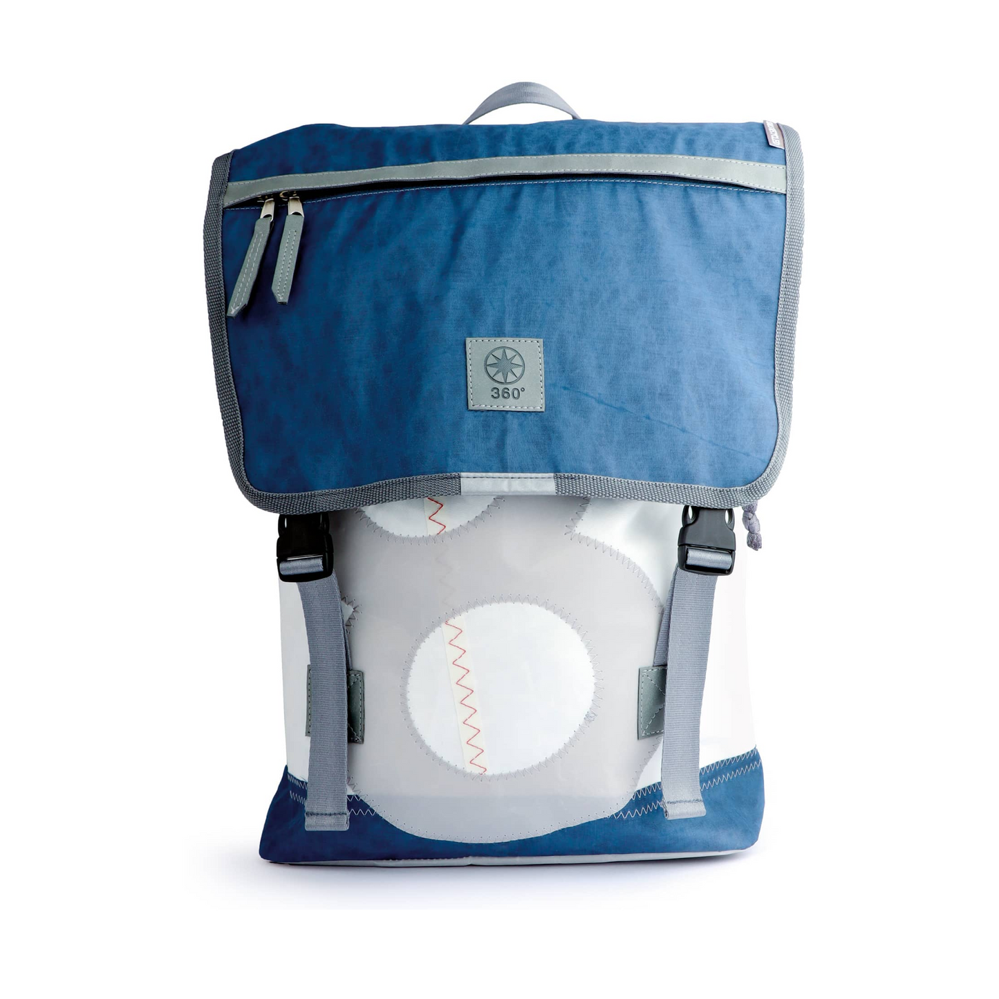 Rucksack 360 Grad "Landgang" / Segeltuch blau / Motiv Zufallszahl hellgrau