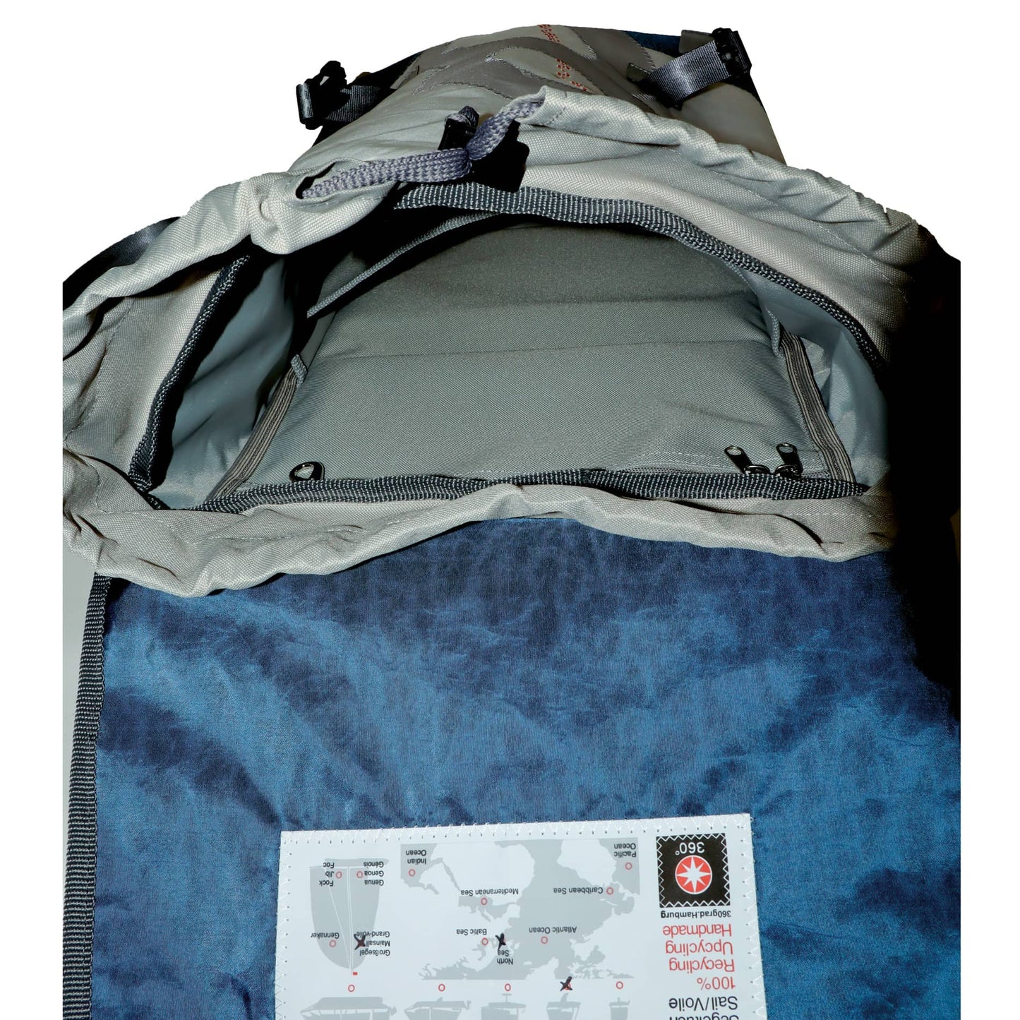 Rucksack 360 Grad "Landgang" / Segeltuch blau / Motiv Zufallszahl hellgrau