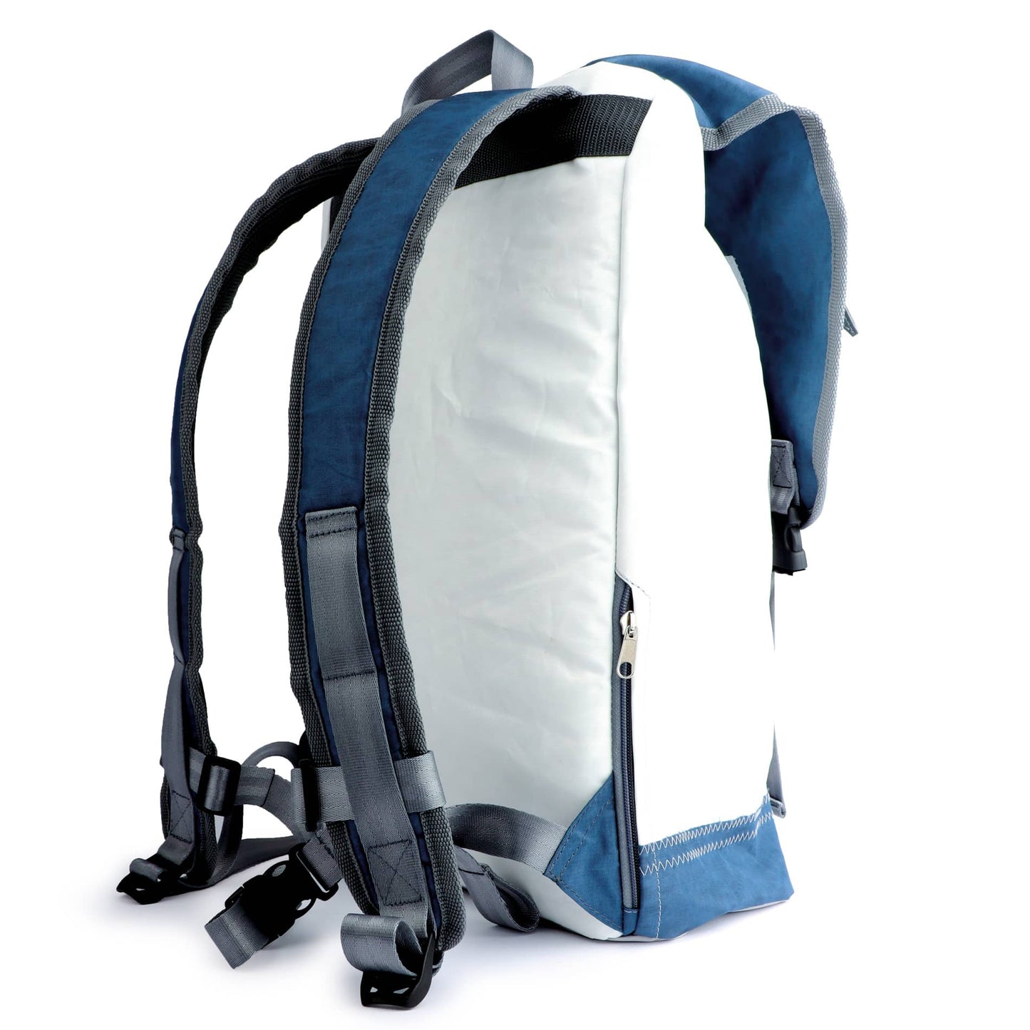 Rucksack 360 Grad "Landgang" / Segeltuch blau / Motiv Zufallszahl hellgrau