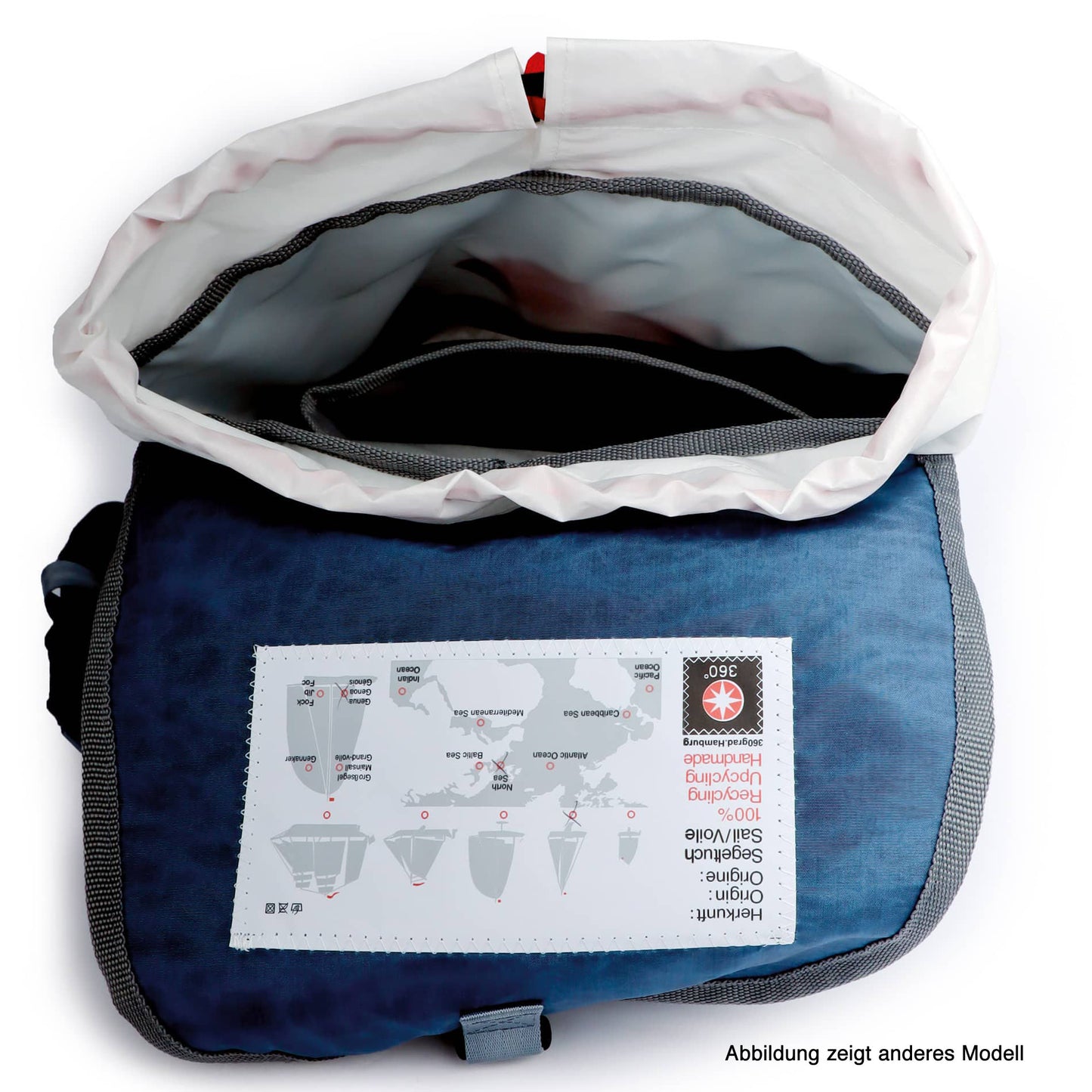 Rucksack 360 Grad "Landgang Mini" / Segeltuch weiß blau / Motiv Zufallszahl grau