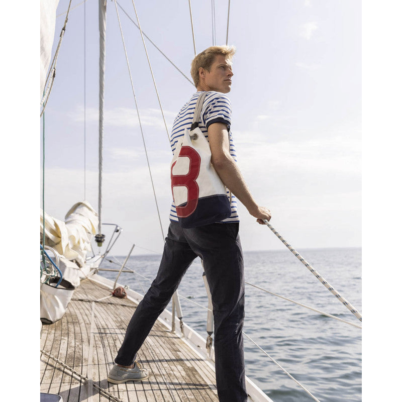 Seesack "Jack" by 727 Sailbags / Segeltuch weiß / Boden navy / Motiv Zahl 8 rot