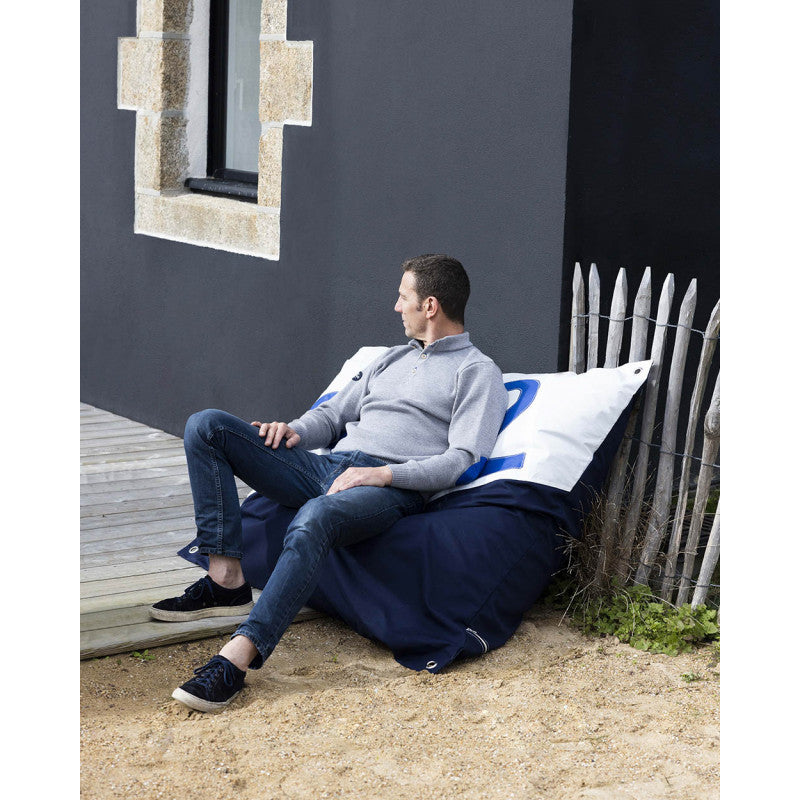 Sitzsack Sitzkissen "Maxi" by 727 Sailbags / Segeltuch weiß / Boden navy / Motiv 352 blau