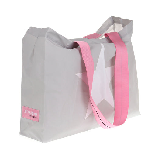 Strandtasche CANVASCO "Beach Pro" / Segeltuch grau / Gurt pink-schwarz / Motiv Stern weiß