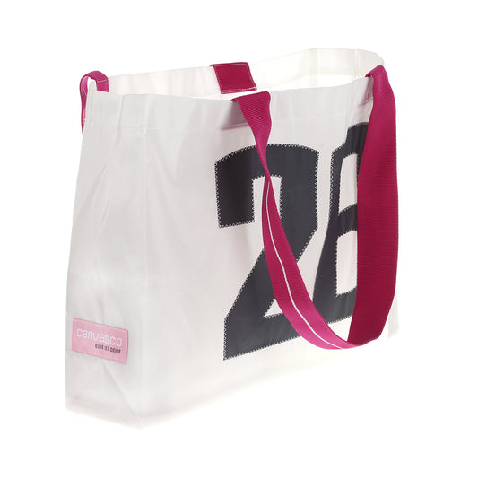 Strandtasche CANVASCO "Beach " / Segeltuch weiß / Gurt himbeer-weiß / Motiv 26 grau