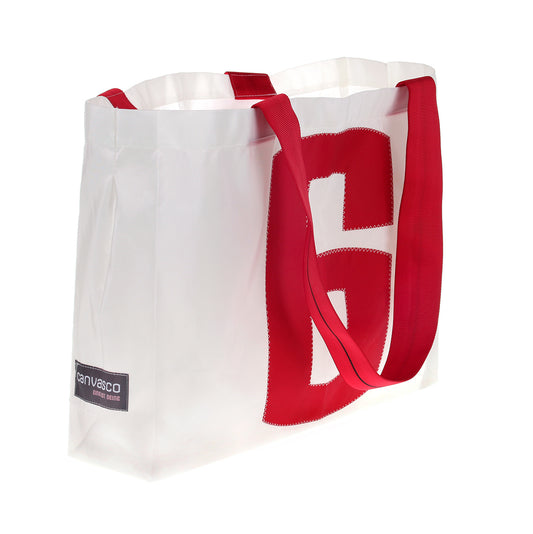 Strandtasche CANVASCO "Beach" / Segeltuch weiß / Gurt rot-schwarz / Motiv 6 rot