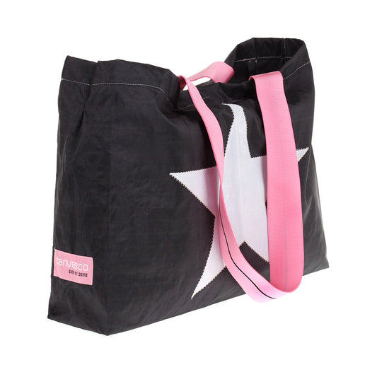 Strandtasche CANVASCO "Beach" / Segeltuch schoko / Gurt pink-schwarz / Motiv Stern weiß