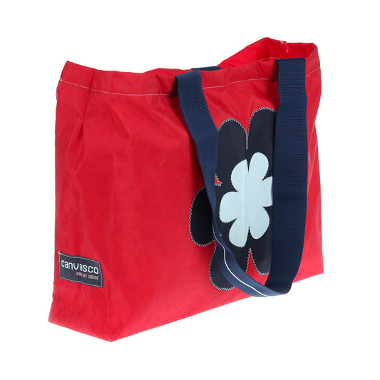 Strandtasche CANVASCO "Beach" / Segeltuch rot / Gurt blau-weiß / Motiv Blume schwarz-weiß