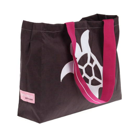 Strandtasche CANVASCO "Beach" / Segeltuch schoko / Gurt himbeer-weiß / Motiv Schildkröte weiß