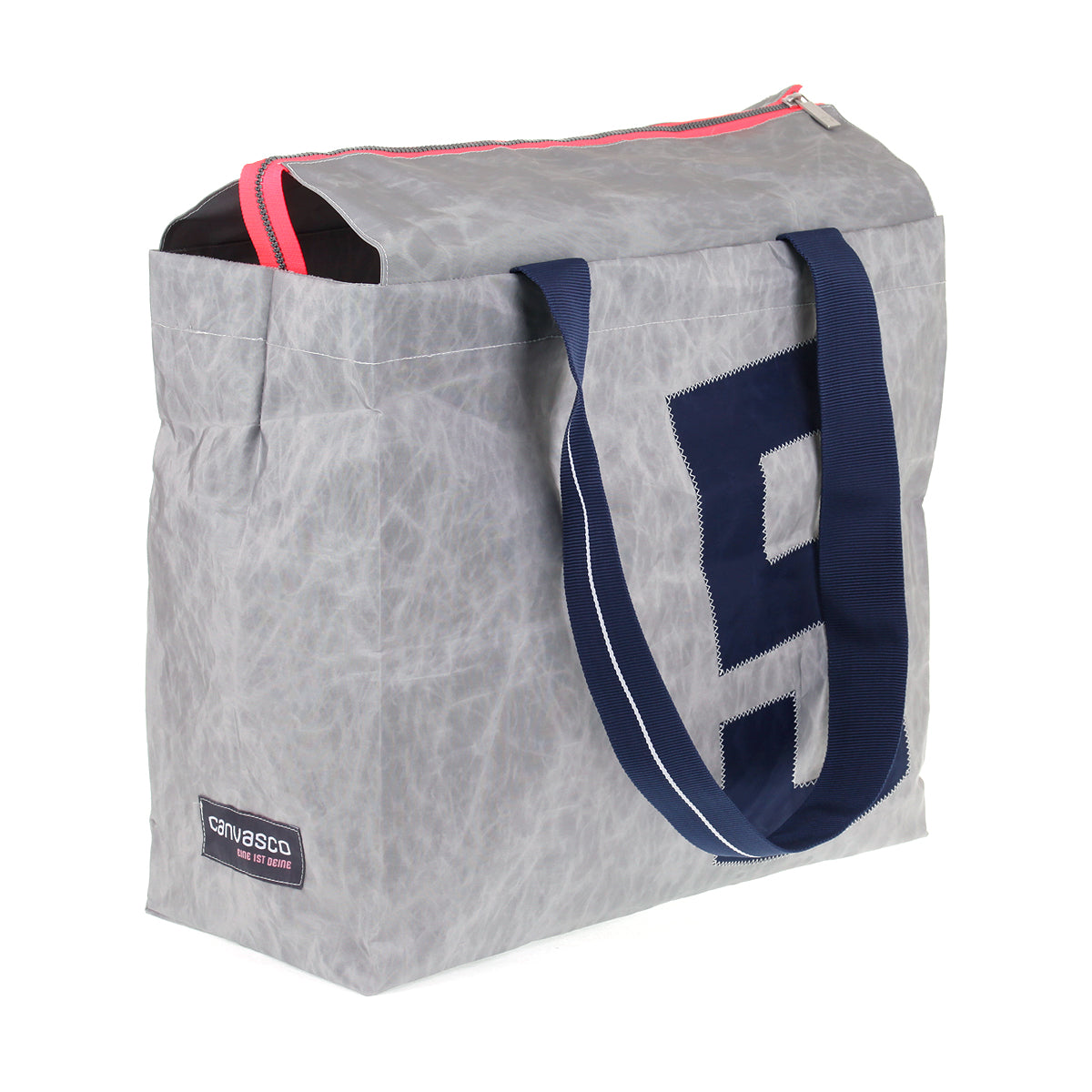 Strandtasche CANVASCO "Beach Pro" / Segeltuch grau / Gurt blau-weiß / Motiv 9 blau