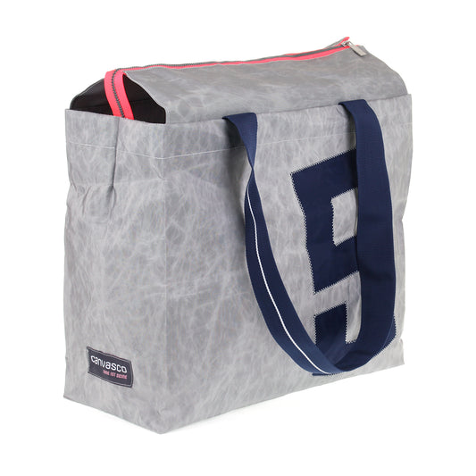 Strandtasche CANVASCO "Beach Pro" / Segeltuch grau / Gurt blau-weiß / Motiv 9 blau