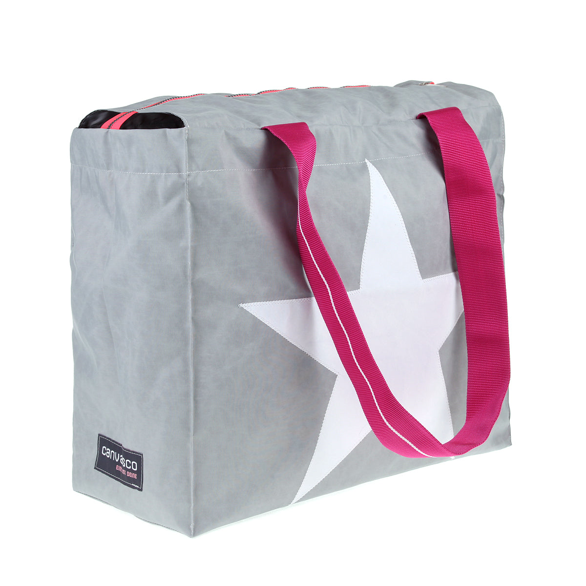 Strandtasche CANVASCO "Beach Pro" / Segeltuch grau / Gurt pink-weiß / Motiv Stern weiß