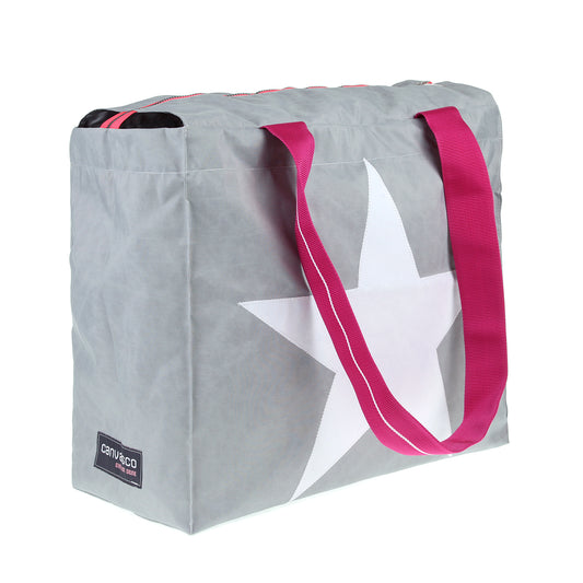 Strandtasche CANVASCO "Beach Pro" / Segeltuch grau / Gurt pink-weiß / Motiv Stern weiß