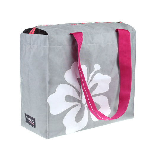 Strandtasche CANVASCO "Beach Pro" / Segeltuch grau / Gurt pink-weiß / Motiv Hibiskus weiß