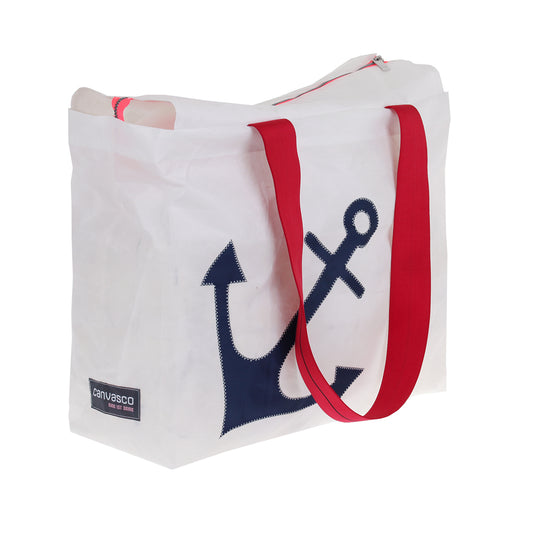 Strandtasche CANVASCO "Beach Pro" / Segeltuch weiß / Gurt rot-schwarz / Motiv Anker blau