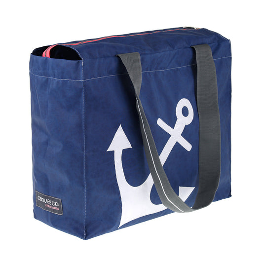 Strandtasche CANVASCO "Beach Pro" / Segeltuch blau / Gurt grau-weiß / Motiv Anker weiß