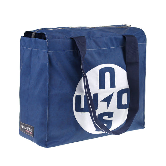 Strandtasche CANVASCO "Beach Pro" / Segeltuch blau / Gurt blau-weiß / Motiv Kompass weiß