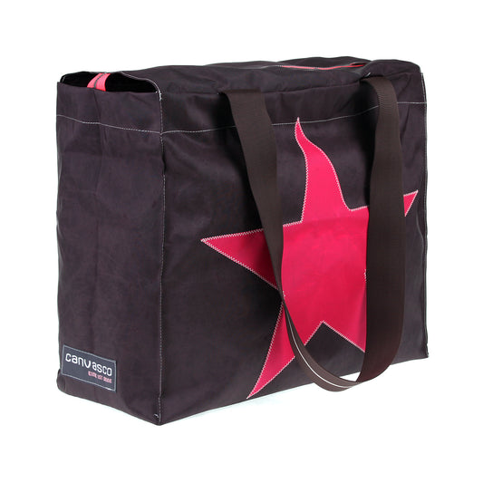 Strandtasche CANVASCO "Beach Pro" / Segeltuch braun / Gurt braun-weiß / Motiv Stern pink