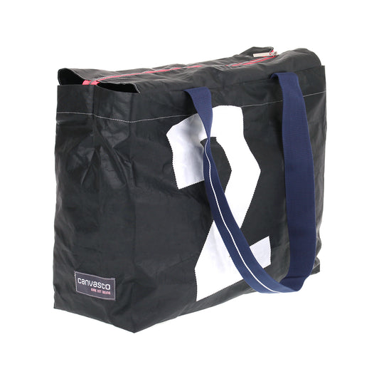 Strandtasche CANVASCO "Beach Pro" / Segeltuch braun / Gurt blau-weiß / Motiv 2 weiß