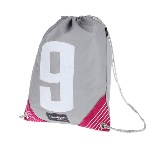 Turnbeutel CANVASCO "Jim" / Segeltuch grau / Ecken pink-weiß / Motiv 9 weiß